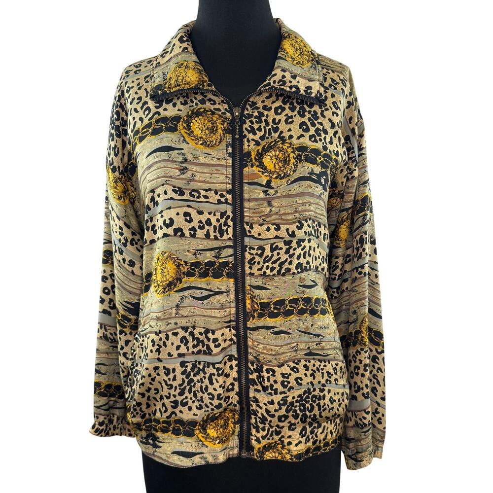 VTG Y2K 90s 00s Activology Bomber Jacket Silk Leopard Gold Chain Zip S Small
